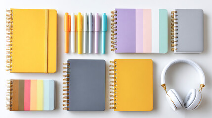 Colorful stationery collection featuring notebooks, markers, and headphones arranged on a clean surface, showcasing vibrant designs and creative workspace essentials for inspiration