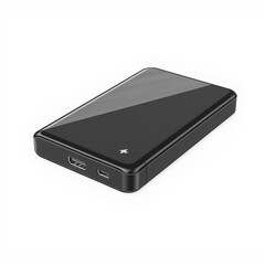 Sleek black portable external hard drive with usb ports on a white background