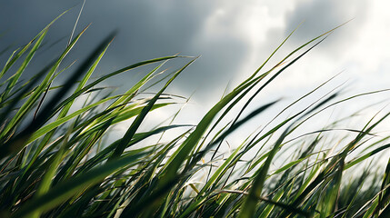 Naklejka premium Tall green grass blades swaying gently against a cloudy sky wind