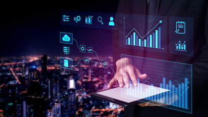 Data flow from database and cloud to processing and analytics dashboards, representing data...