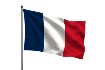 A waving french flag on a silver pole against a black background in a patriotic display of france