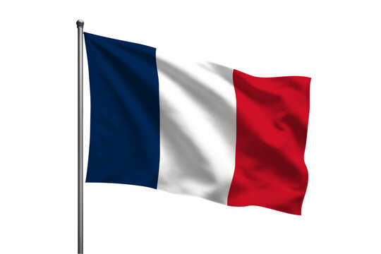 A waving french flag on a silver pole against a black background in a patriotic display of france