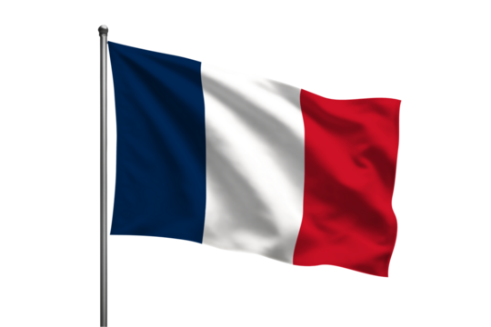 A waving french flag on a silver pole against a black background in a patriotic display of france