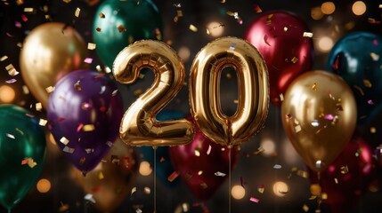 Golden "20" balloons and colorful confetti create a festive 20th birthday celebration scene.