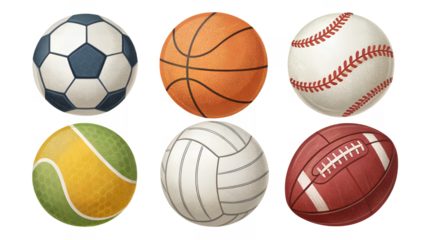 Various sports balls including soccer and tennis ball shown here on transparent background