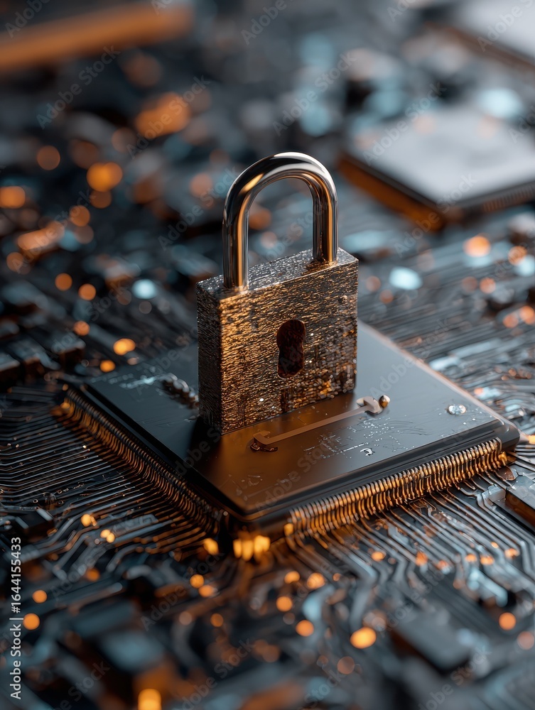 Poster secure connection or cybersecurity service concept of compute motherboard closeup and lock with logi