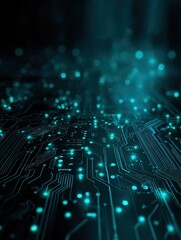Fototapeta premium glowing futuristic circuit board backdrop in blue and green with copy space for digital technology themes