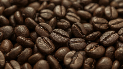 Fototapeta premium Extreme Closeup Macro Shot of Freshly Roasted Coffee Beans, Capturing Detailed Texture