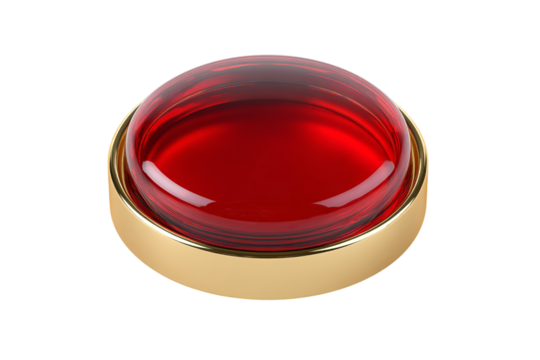A red glass button with a gold rim on a white isolated on a transparent background in PNG format.