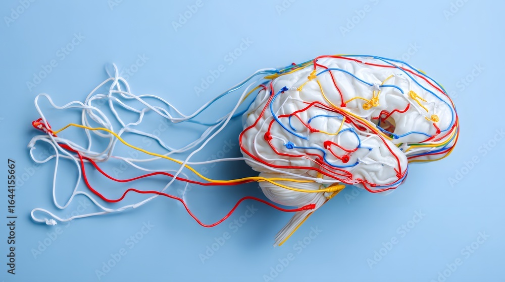 Poster colorful representation of a brain with connected threads.