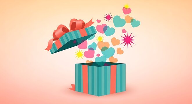 Striped gift box spills multicolored hearts and star shapes creating a festive vibrant background - Powered by Adobe