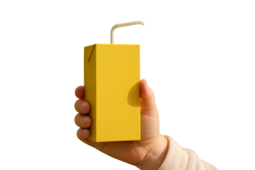 Hand holding yellow juice box with straw on transparent background