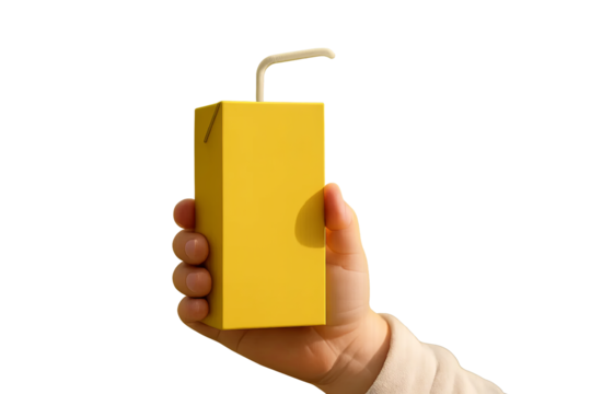 Hand holding yellow juice box with straw on transparent background - Powered by Adobe
