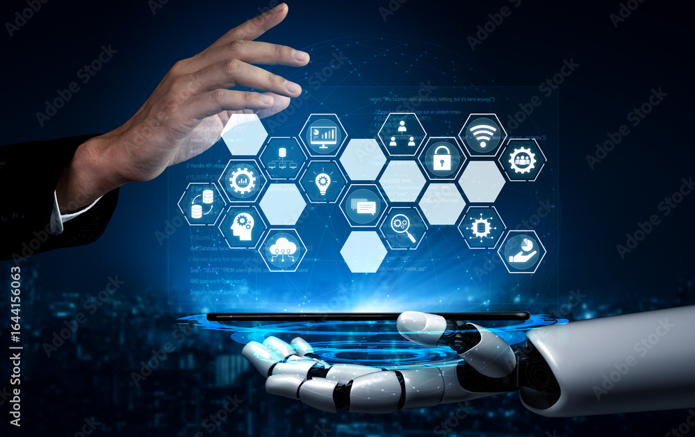 Poster ai managing integrated business system, analyzing data, securing digital infrastructure, connecting 
