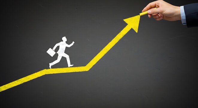 Guiding Success: A Hand Draws an Upward Chalk Arrow for a Running Businessman