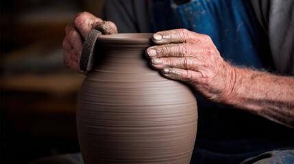 Skilled artisan shaping a clay pot on a wheel in a rustic workshop, showcasing craftsmanship and focus