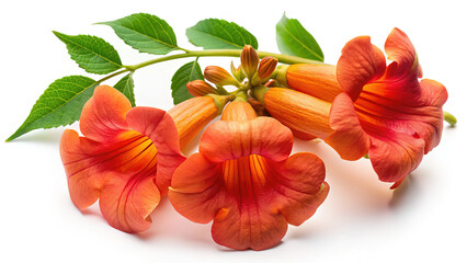 Closeup view of several vibrant orange Trumpet Vine flowers and green leaves