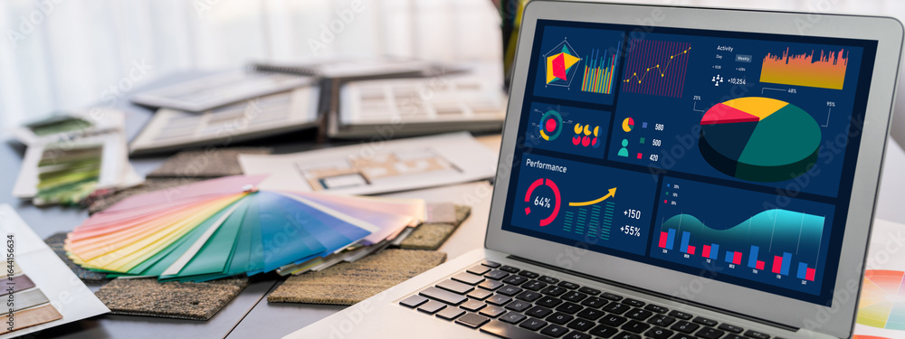 Poster interior designer workspace table and architecture software on laptop screen with mood board materia