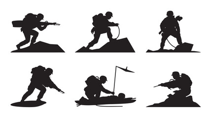 Soldier Silhouette Set in Action Poses on White Background Military Concept Art