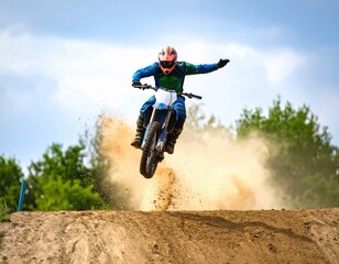 Obraz premium Male Motocross Rider Jumping Dirt Bike Mid Air with Dust