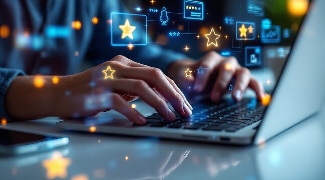 Hands typing on a laptop keyboard with digital stars and icons floating above