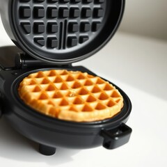 Golden brown circular waffle cooking in an open black waffle maker on a white surface