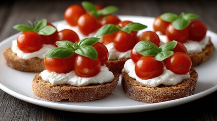 Savor the vibrant flavors of bruschetta with mozzarella and cherry tomatoes, garnished with fresh basil on a stylish white plate
