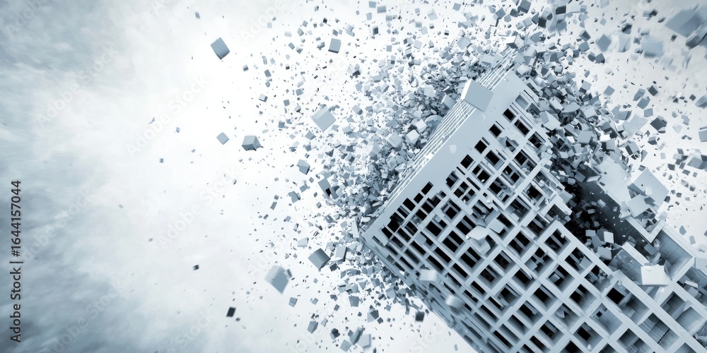 Poster a surreal depiction of a building disintegrating into fragments, showcasing a dramatic collapse with