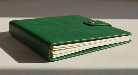 Textured Emerald Green Leather Journal Resting in Quiet, Soft Light