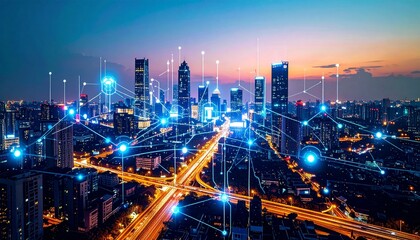 Smart City Concept Futuristic Urban Landscape with Networked Data Overlay