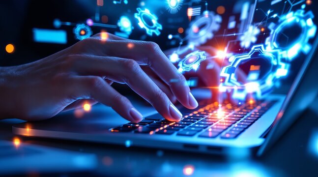 A hand types on a laptop with futuristic technology and glowing holographic interfaces