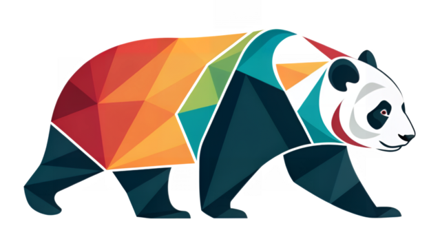 A colorful geometric panda illustration walking to the left on transparent background
