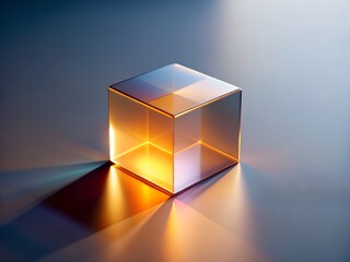 Illuminated Glass Cube with Golden Light and Shadow on a Gradient Background