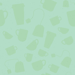 Seamless tea pattern with mugs, cups, travel tumblers, tea bags, and green leaves on a light green background. Perfect for tea shops, packaging, textiles, and kitchen decor.