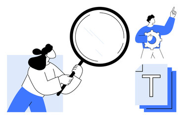 Woman holding magnifying glass, man with gear and pointing upward, text block. Ideal for teamwork, problem solving, research, brainstorming, innovation, analysis simple landing page