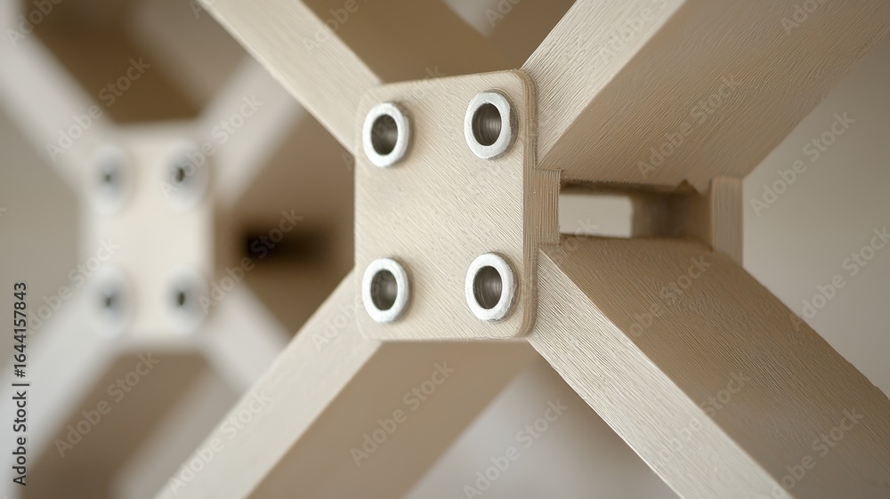 Poster a close-up view of a beige cross-braced structure with metal fasteners, showcasing modern design and