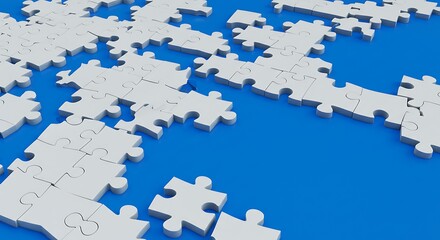 Scattered White Puzzle Pieces Awaiting Connection on a Vibrant Blue Background