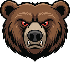 Fierce bear head illustration, red eyes, sharp teeth, aggressive expression, brown fur, black shading, vector art, wild animal, mascot, predator design