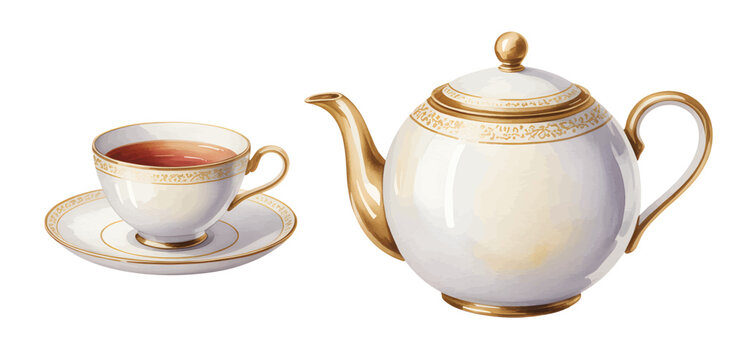 Watercolor illustration of vintage porcelain teapot and teacup set isolated on white background. Vintage ceramic teapot and teacup.