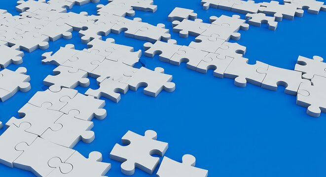 Scattered White Puzzle Pieces Awaiting Connection on a Vibrant Blue Background - Powered by Adobe