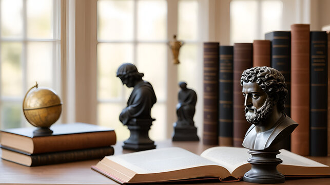 A philosopher's study with classical artifacts, philosophy, blurred background