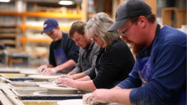 Group of artisans engaged in pottery making in a well-lit studio, focused on their craft with tools nearby - Powered by Adobe