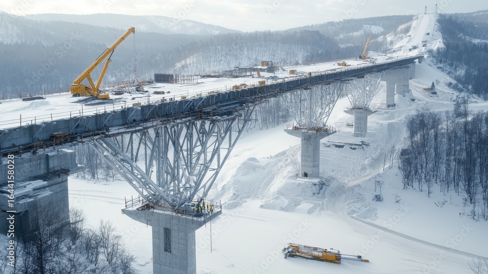 Poster engineer structural analysis concept. snow-covered bridge under construction with cranes and machine