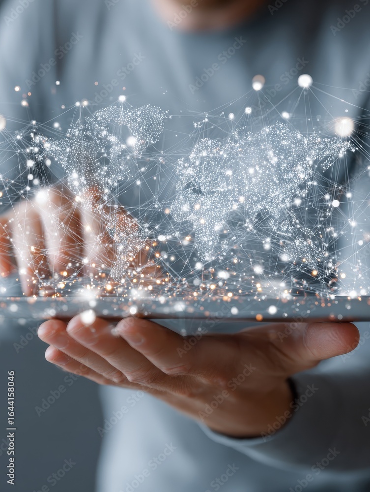 Poster closeup of a man holding a tablet with global network icons and data symbols illustrating digital co