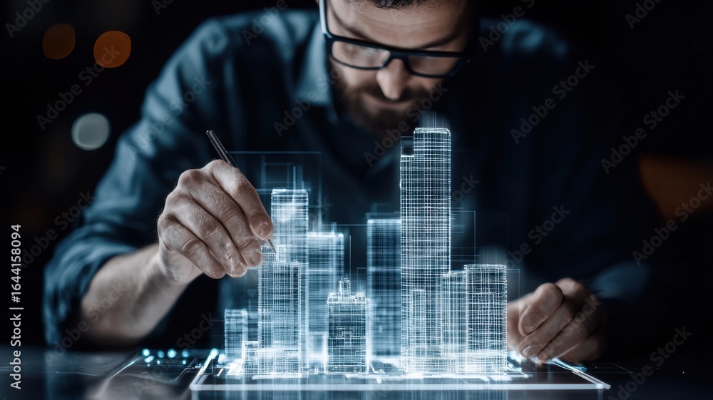 Poster engineer structural analysis concept. an architect designing a futuristic cityscape with digital blu