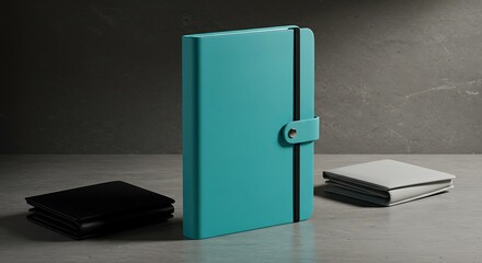 A Striking Teal Journal with Clasp, Flanked by Wallets on a Concrete Stage