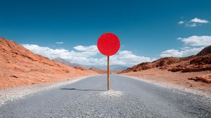 Empty road stretching into a desert landscape with a red circular sign.