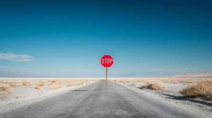 Empty road stretches out beneath a stop sign in a vast, arid landscape.