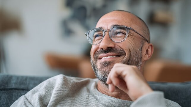 happy mature middle eastern man wearing eyeglasses sitting on couch portrait of indian man relaxing at home and looking away with big smile mid adult guy with specs thinking about his future no logos