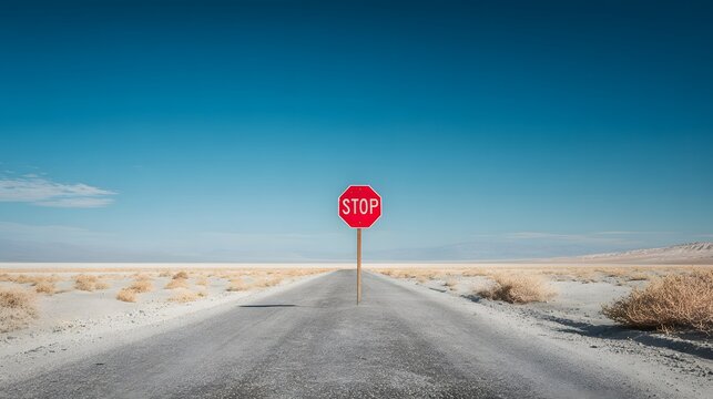 Empty road stretches out beneath a stop sign in a vast, arid landscape.